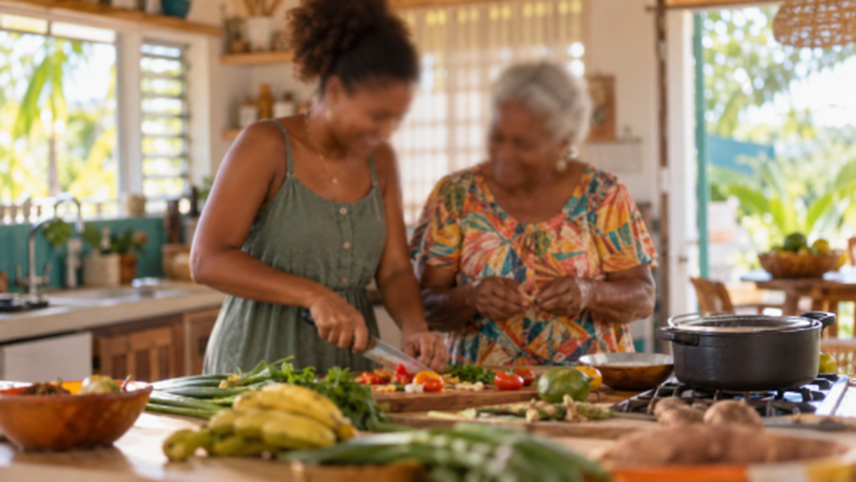 Une habitante et une dame âgée préparent un repas ensemble